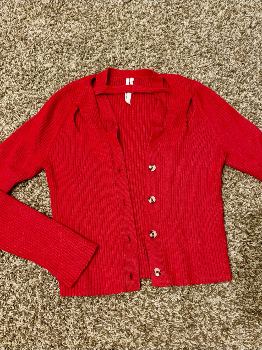 Anthropologie red ribbed knit cardigan with cutout detail in size Small